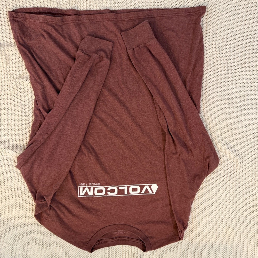 Volcom Mens XL Long Sleeve Graphic T-Shirt Burgundy Maroon Logo Since 1991 Skate